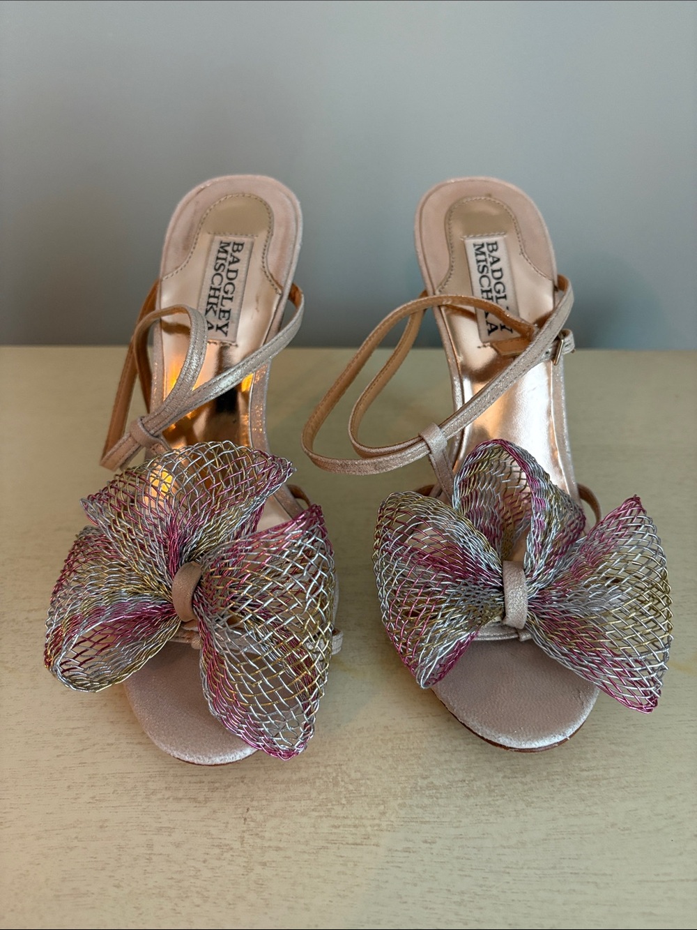Badgley Mischka Pink Mesh Bow Strappy Heels